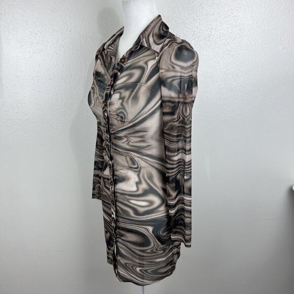 Miss Lola Dress Women Small Brown Retro Mesh Long Sleeve Button Up Casual Mini - Picture 4 of 15